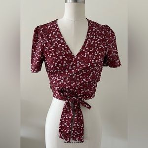 Shein red floral wrap blouse